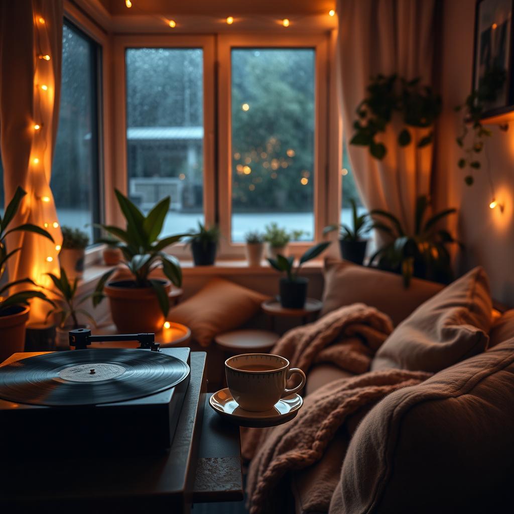 A cozy room with soft ambient lighting, featuring a vintage record player spinning vinyl records