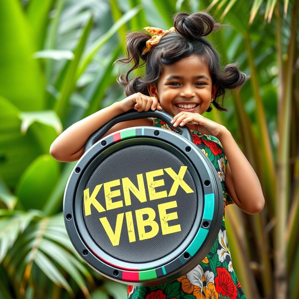 A young Papua New Guinean girl joyfully carrying a large, colorful megaboom speaker that has the words 'KENEX VIBEZ' prominently printed on it