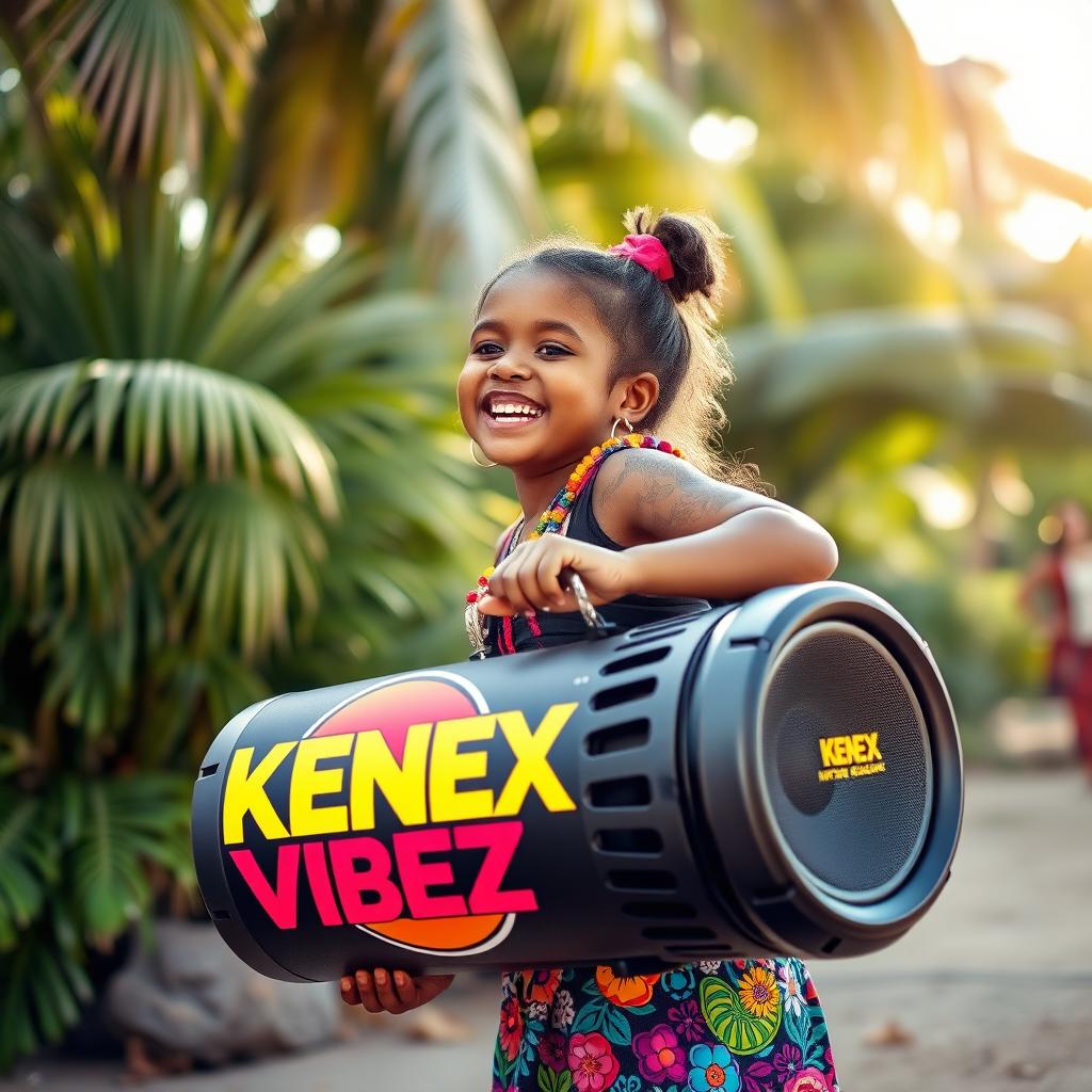 A Papua New Guinean girl joyfully carrying a large mega boom speaker emblazoned with the bold logo 'KENEX VIBEZ', showcasing vibrant colors