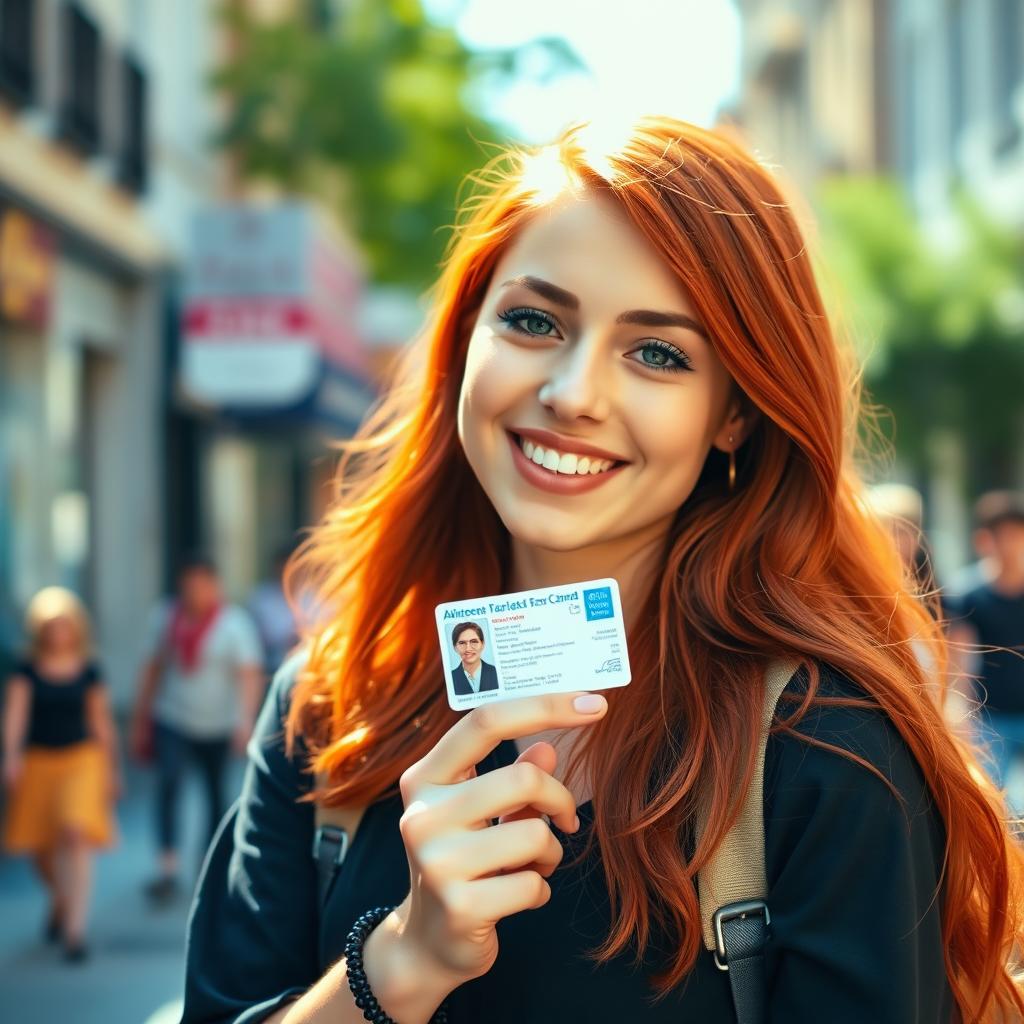 A 20-year-old woman with vibrant red hair, confidently holding her identification card in her hand