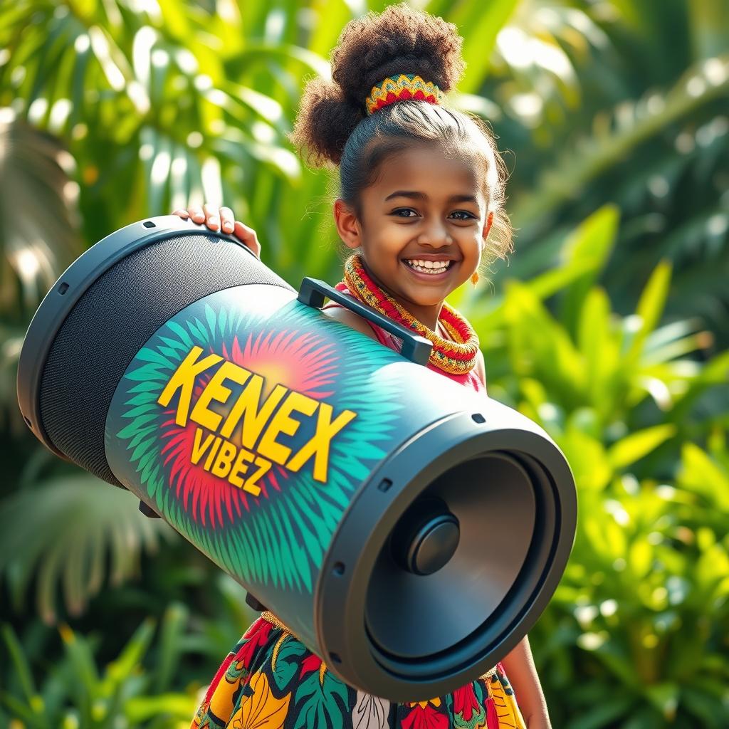 A young Papua New Guinean girl proudly carrying a large and colorful mega boom speaker with the words 'KENEX VIBEZ' printed on it