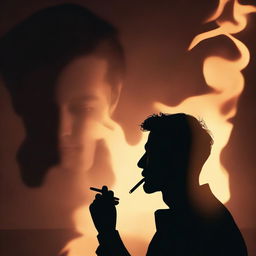 Render an image of a person in the foreground, lighting a cigarette with a flame that startlingly illuminates a mysterious silhouette in the background.