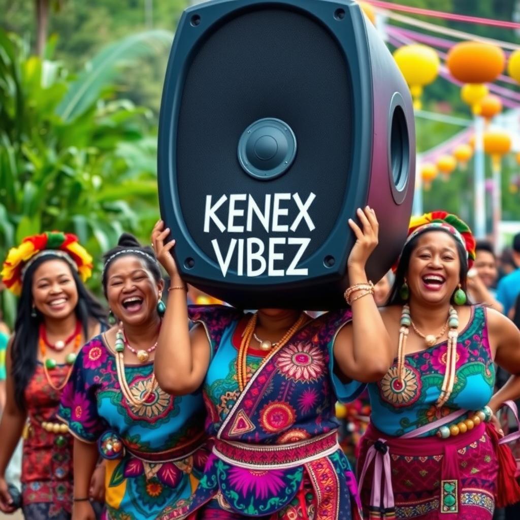 A vibrant scene featuring a group of Papua New Guinean women joyfully carrying a large mega boom speaker emblazoned with the words 'KENEX VIBEZ'