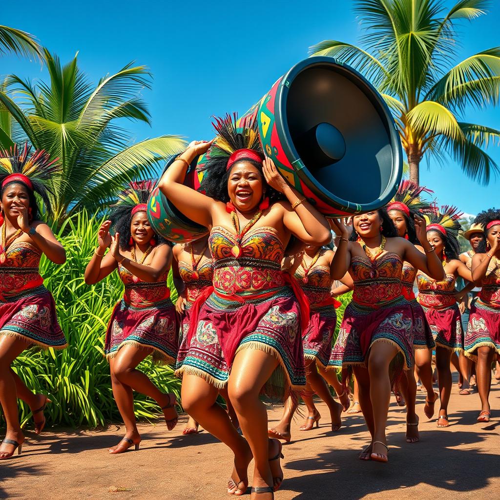A vibrant Papua New Guinean group of female dancers joyfully carrying a large, colorful mega boom speaker printed with 'KENEX VIBEZ'