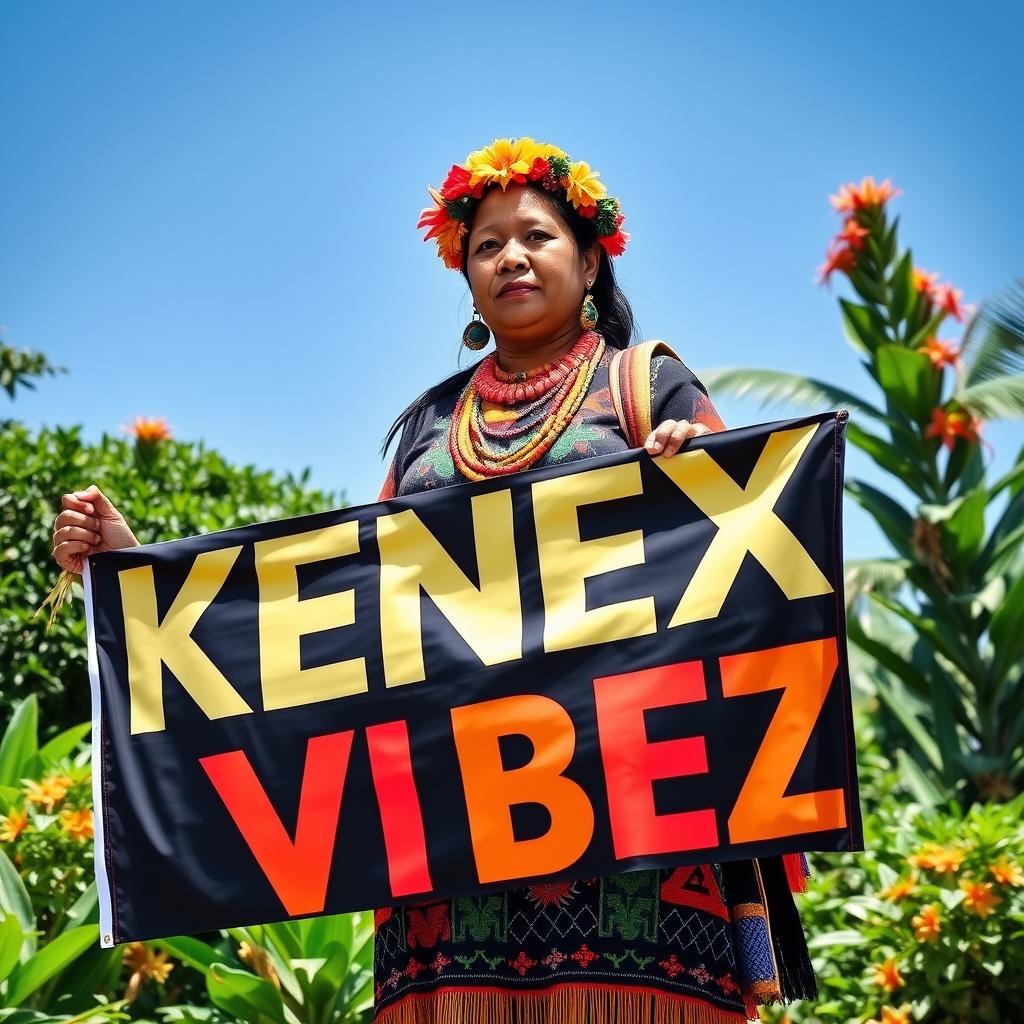 A Papua New Guinean woman standing proudly, wearing traditional attire and accessories, with vibrant colors and patterns that reflect the rich culture of Papua New Guinea