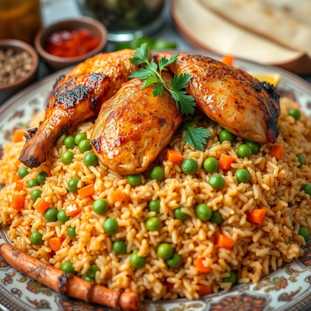 A vibrant and appetizing close-up of Arabic Kabsa, featuring long brown rice cooked perfectly with green peas and colorful carrots