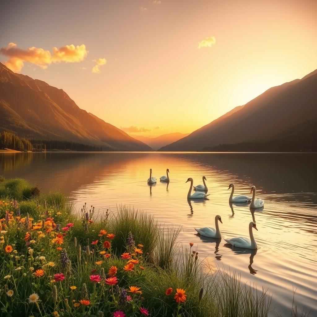 A serene and peaceful landscape featuring a tranquil lake surrounded by lush greenery and majestic mountains in the background