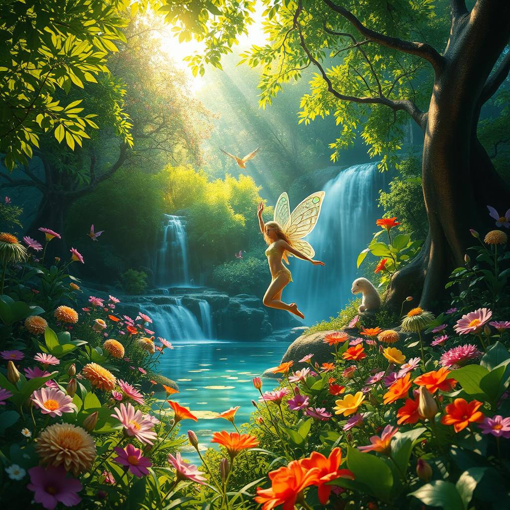 A captivating scene from a fantasy story featuring a lush forest filled with vibrant, mystical plants and trees