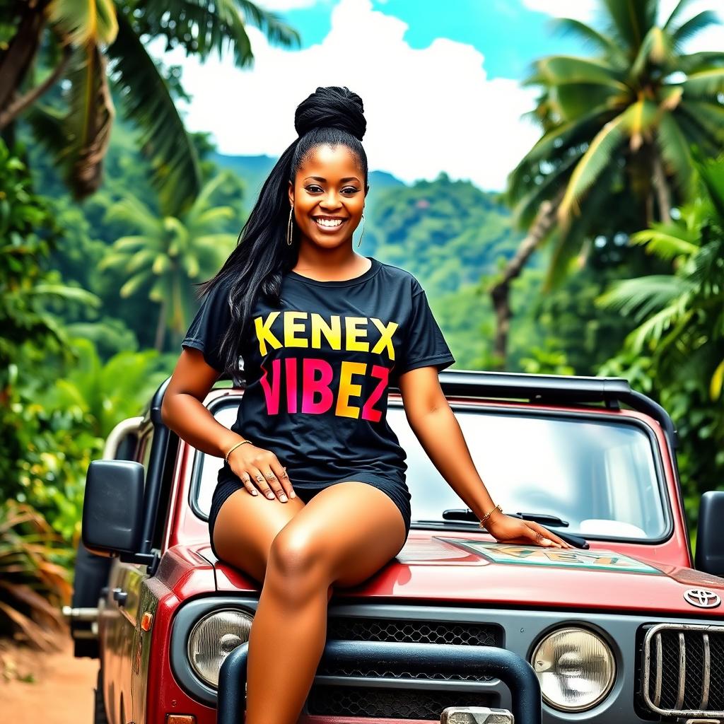 A Papua New Guinean female sitting confidently on a rugged Toyota Land Cruiser, wearing a stylish shirt printed with the words 'KENEX VIBEZ' in bold, vibrant colors