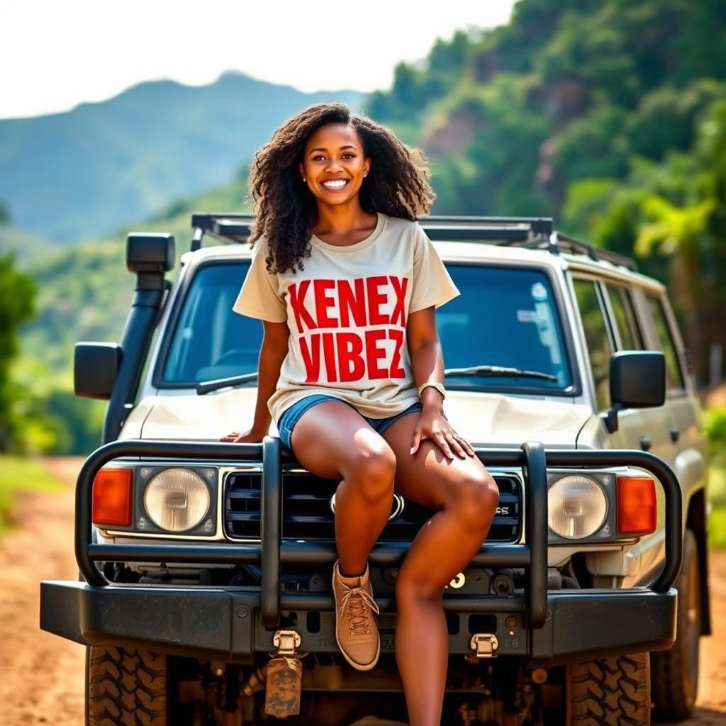 A Papua New Guinean female confidently sitting on a Toyota Land Cruiser, wearing a casual shirt printed with the bold text 'KENEX VIBEZ'