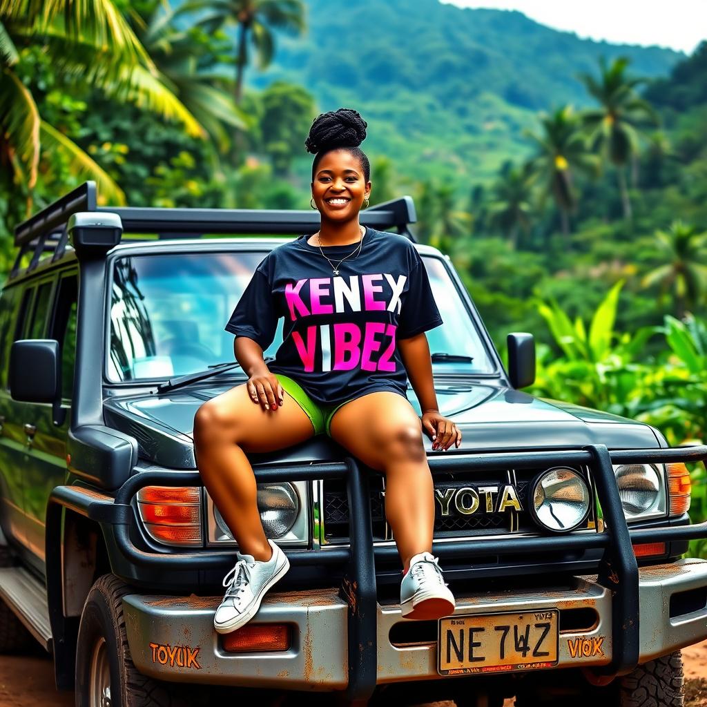 A Papua New Guinean woman sitting elegantly on a Toyota Land Cruiser, wearing a stylish shirt with the text 'KENEX VIBEZ' printed boldly on it