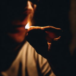 A person igniting a cigarette in focus, with the lighter's flame highlighting a lurking silhouette in the surrounding darkness behind them.