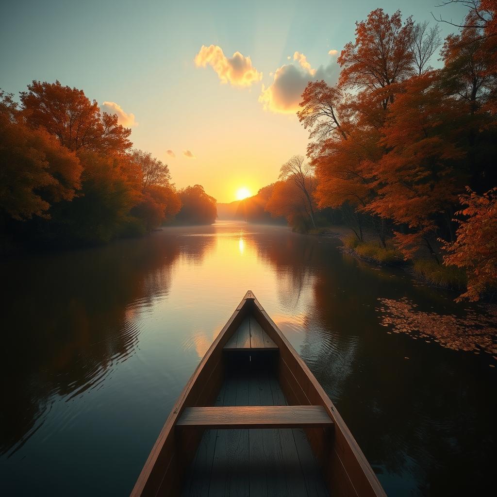 A serene autumn landscape showcasing a tranquil river surrounded by trees with vibrant fall foliage, including shades of orange, red, and yellow
