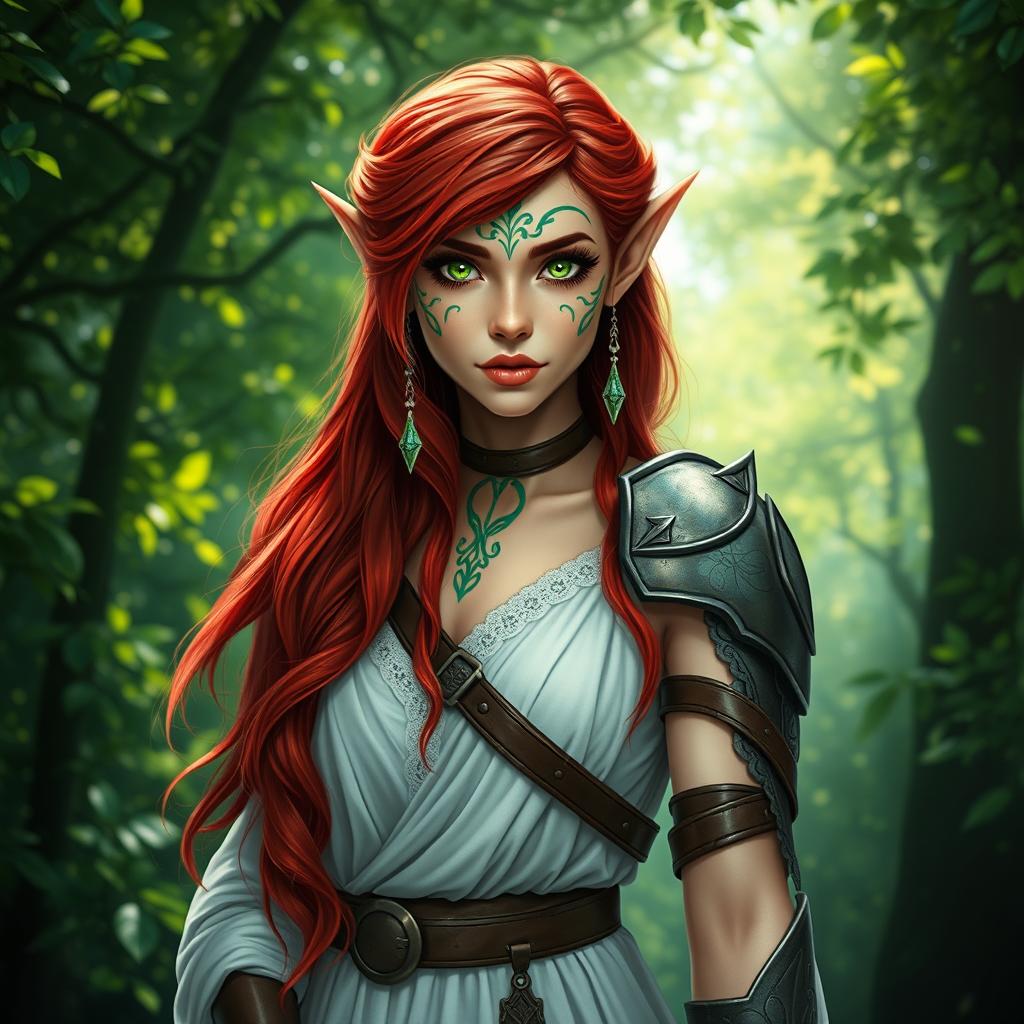 A female druid elf with striking red hair and emerald green eyes, adorned with intricate Celtic face paint