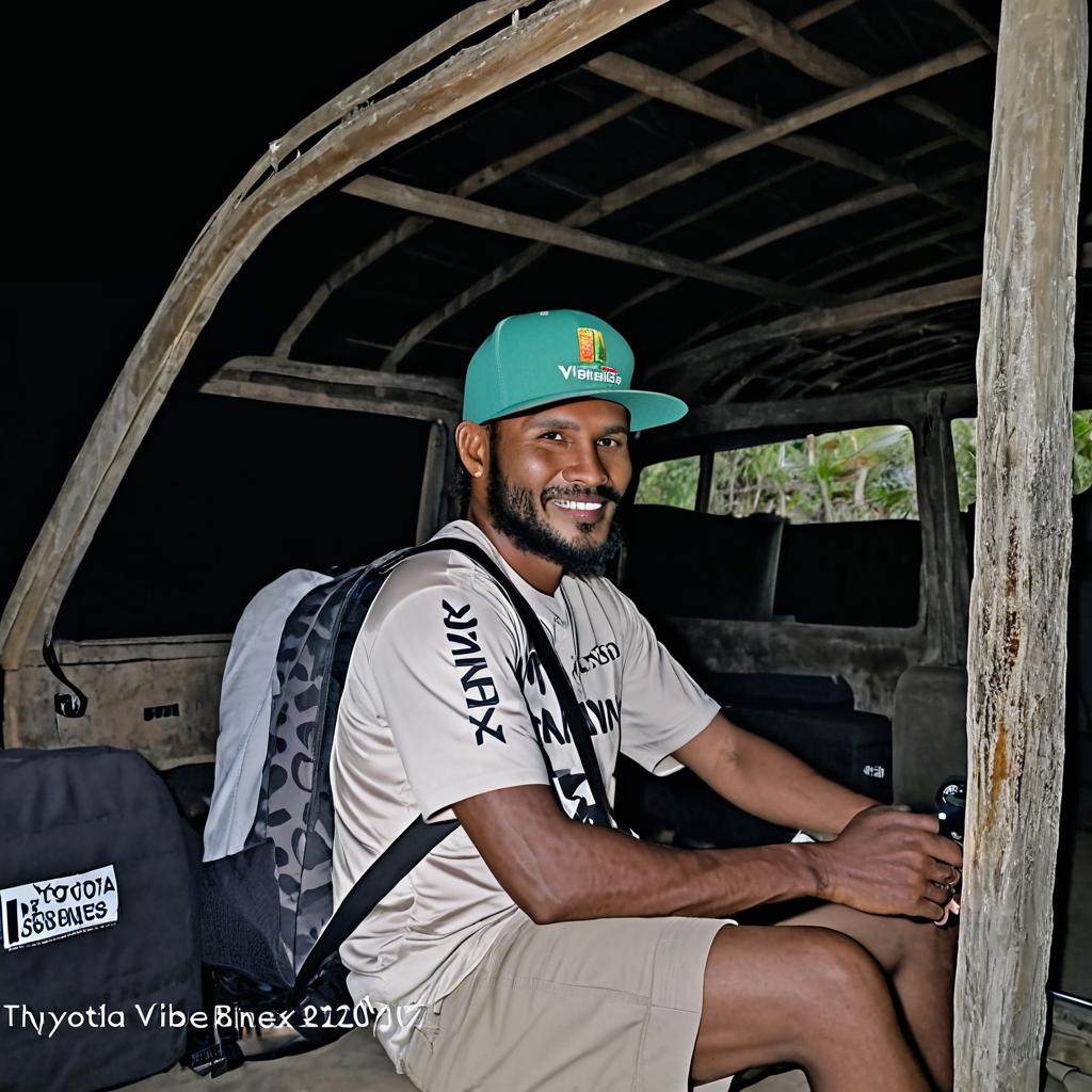 A Papua New Guinean female sitting on the Toyota Land Cruiser wearing a shirt printed KENEX VIBEZ