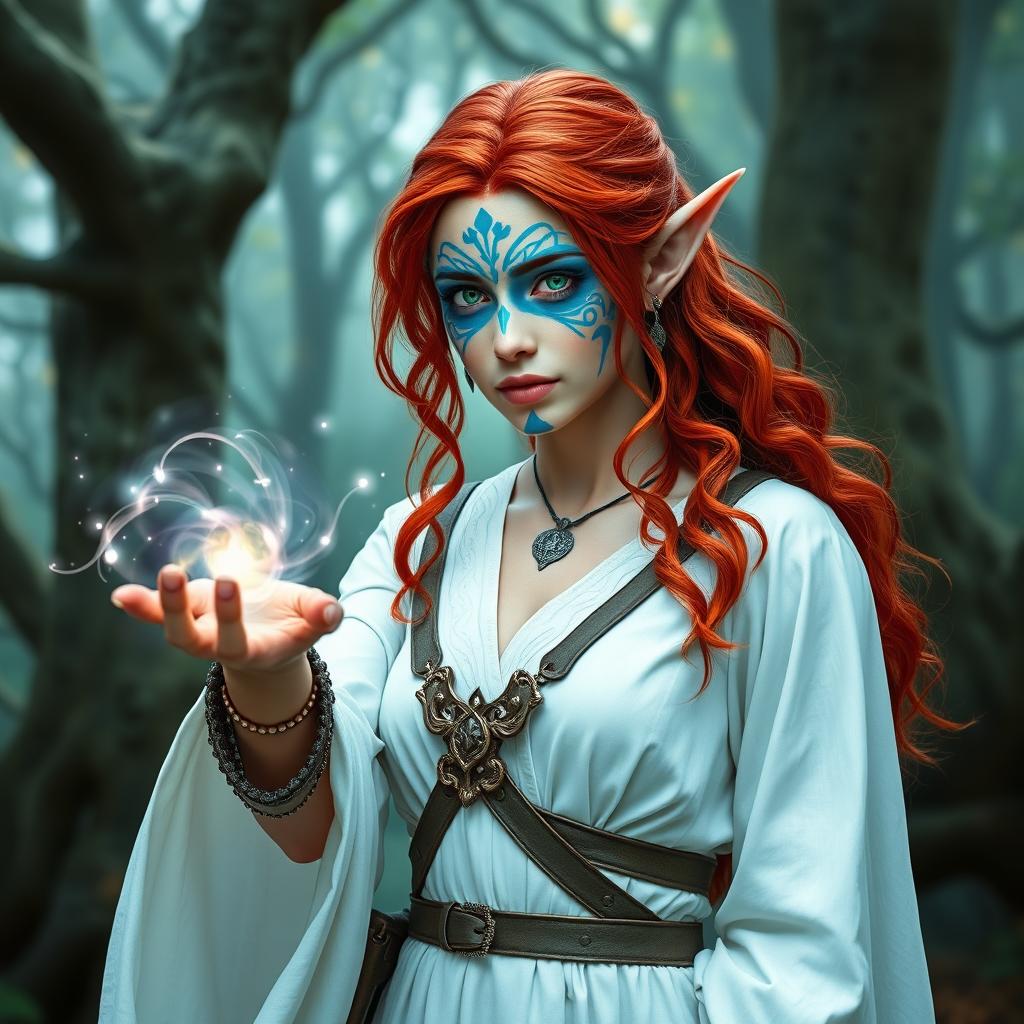 A female druid elf with vibrant red hair and bright green eyes, featuring striking blue Celtic face paint