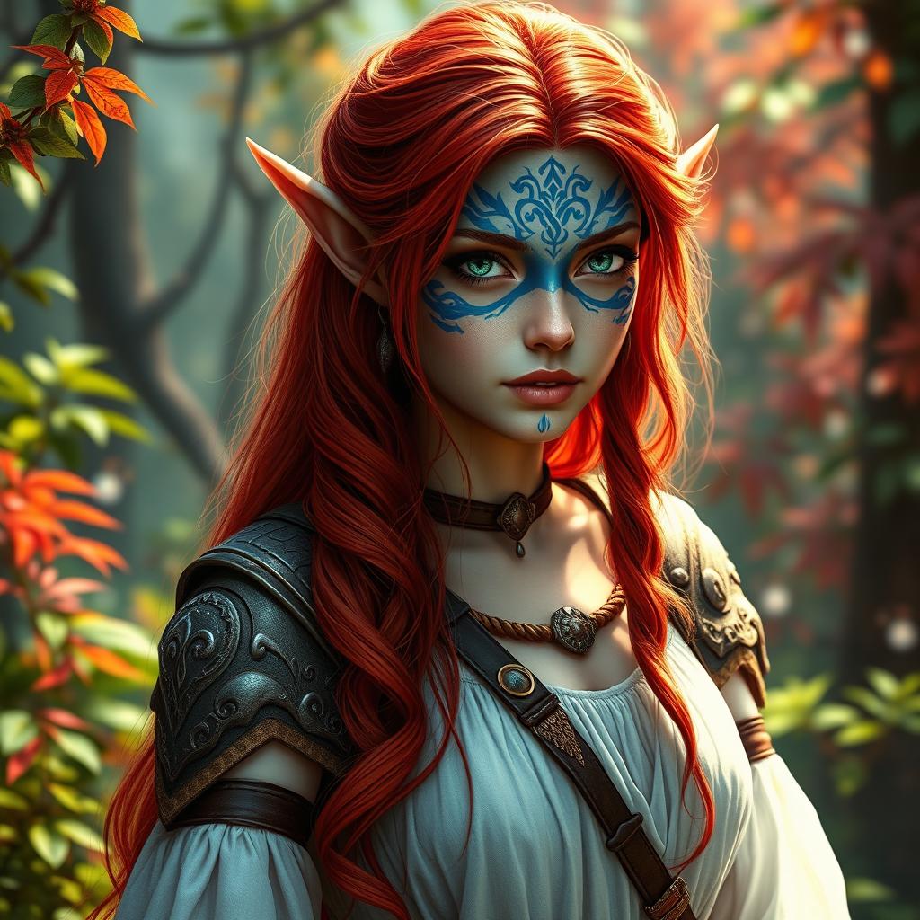 A captivating female druid elf with vibrant red hair cascading down her shoulders and striking green eyes