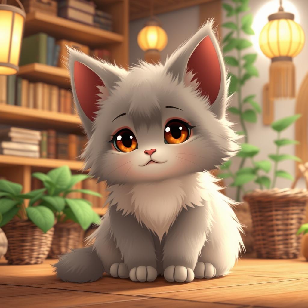 A charming fluffy kitten in the animation style of Hayao Miyazaki, with large expressive amber eyes and soft long fur that transitions smoothly from gray to cream