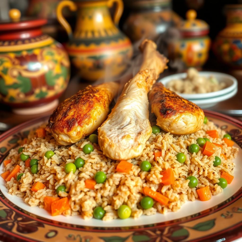 Delicious plate of Kabsa featuring long-grain brown rice, perfectly cooked with green peas and bright orange carrots