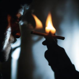 A person igniting a cigarette in focus, with the lighter's flame highlighting a lurking silhouette in the surrounding darkness behind them.