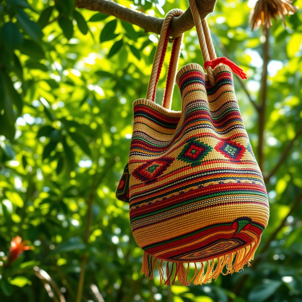 A beautifully crafted Bilum, which is a traditional woven bag from Papua New Guinea, showcasing vibrant colors, intricate patterns, and detailed weaving techniques