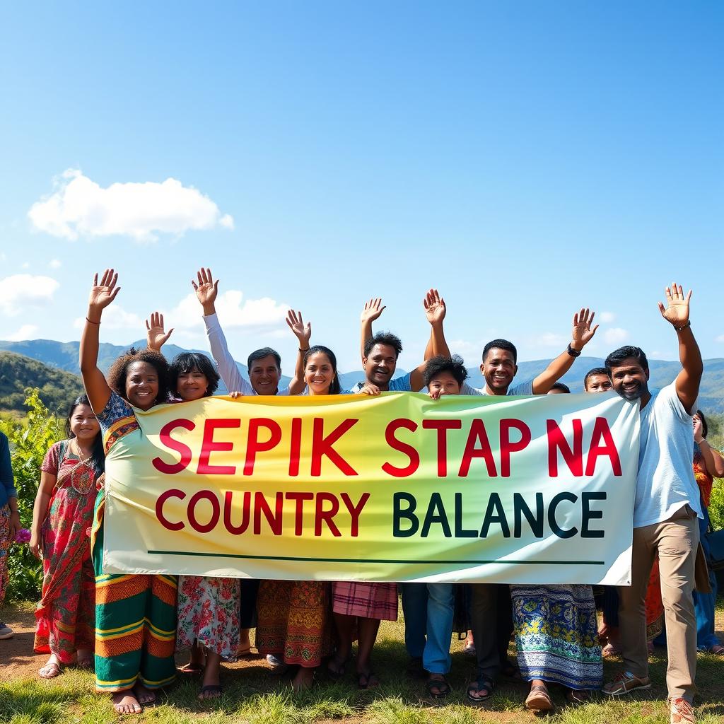 A vibrant group of diverse people joyfully carrying a large, colorful banner that reads "SEPIK STAP NA COUNTRY BALANCE"