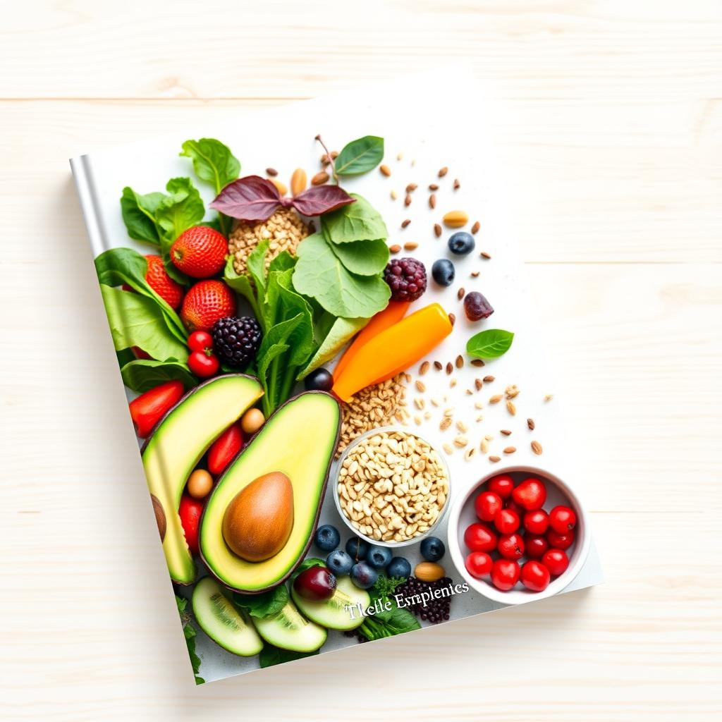 A stunning book cover design focused on healthy nutrition and healthy recipes, featuring an array of vibrant, fresh ingredients like colorful fruits and vegetables, whole grains, nuts, and seeds
