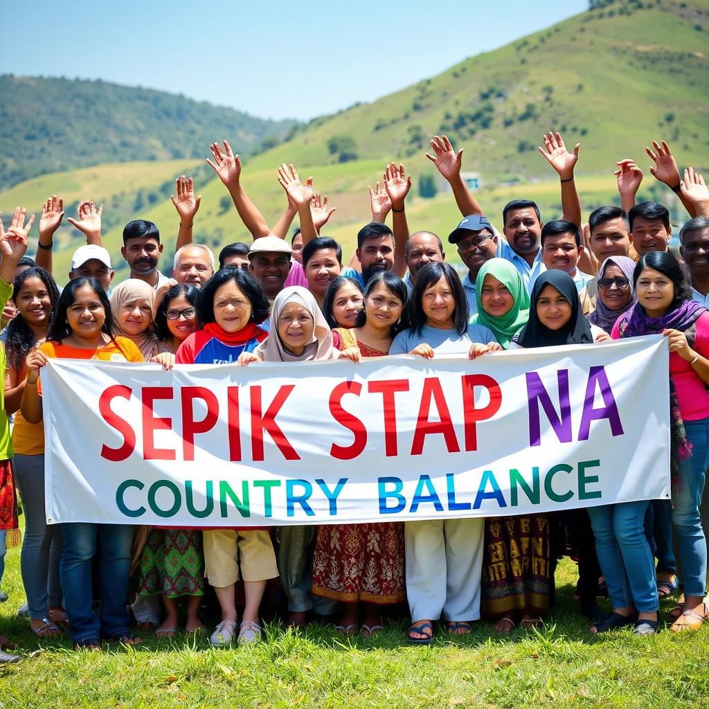 A diverse group of people gathered in an outdoor setting, joyfully carrying a large, colorful banner that reads 'SEPIK STAP NA COUNTRY BALANCE'