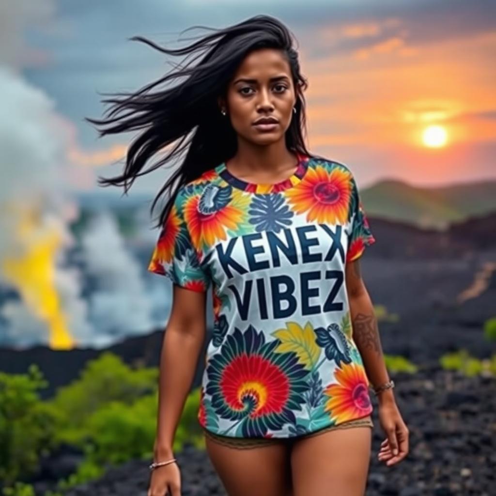 A Papua New Guinean female confidently walking towards a volcano pit, wearing a vibrant shirt printed with the words 'KENEX VIBEZ'