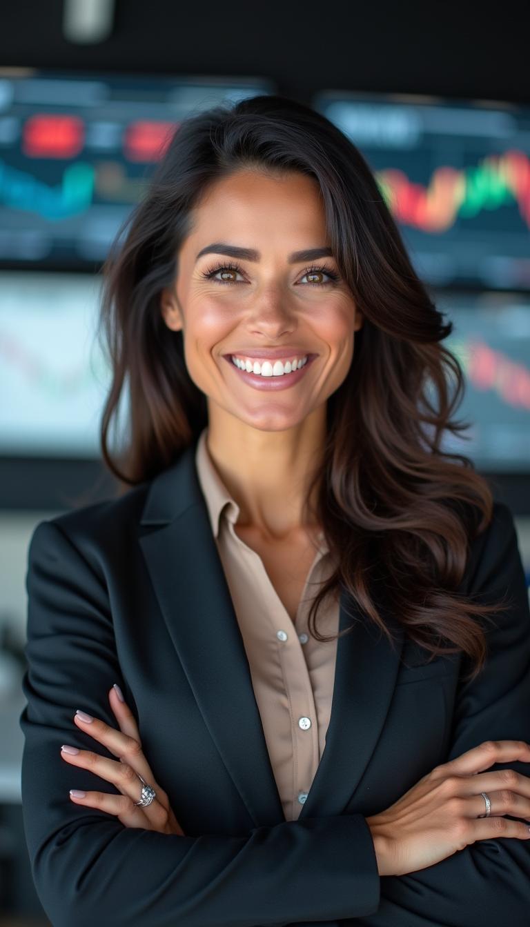 A joyful Italian lady financial trader in her 40s, with distinct Mediterranean features, looking directly at the camera
