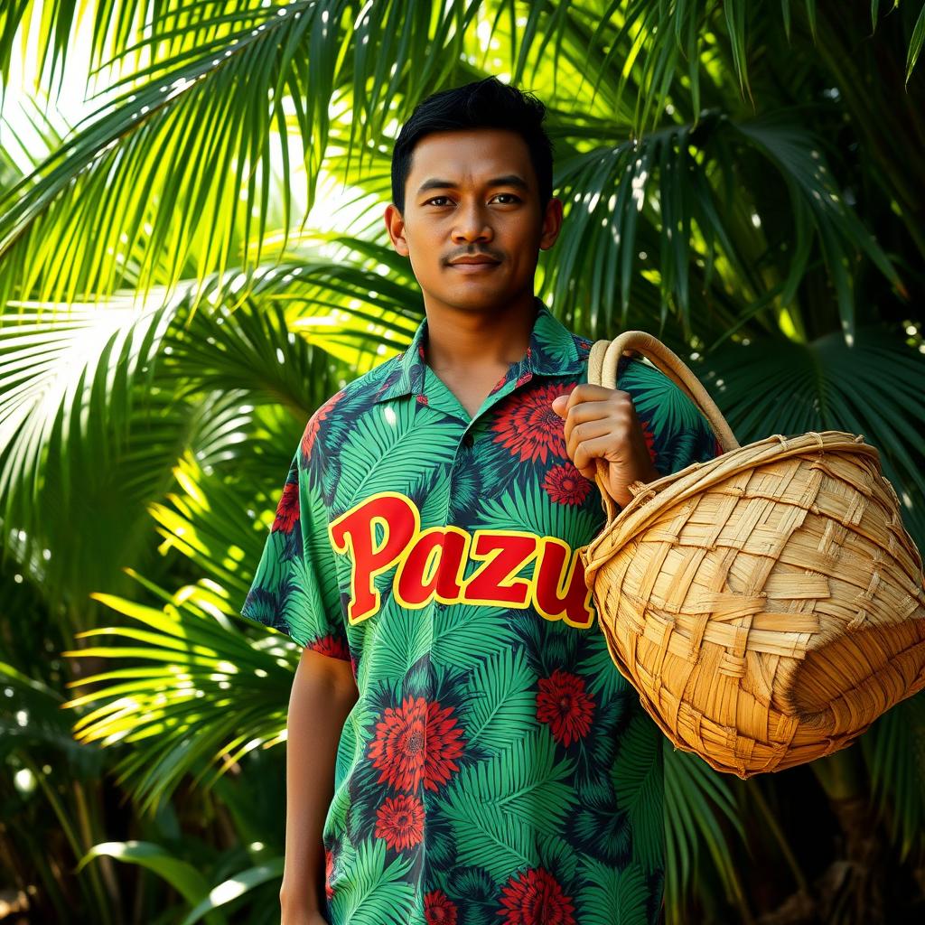 A Papua New Guinean male standing confidently, carrying a beautifully woven basket made of coconut leaves