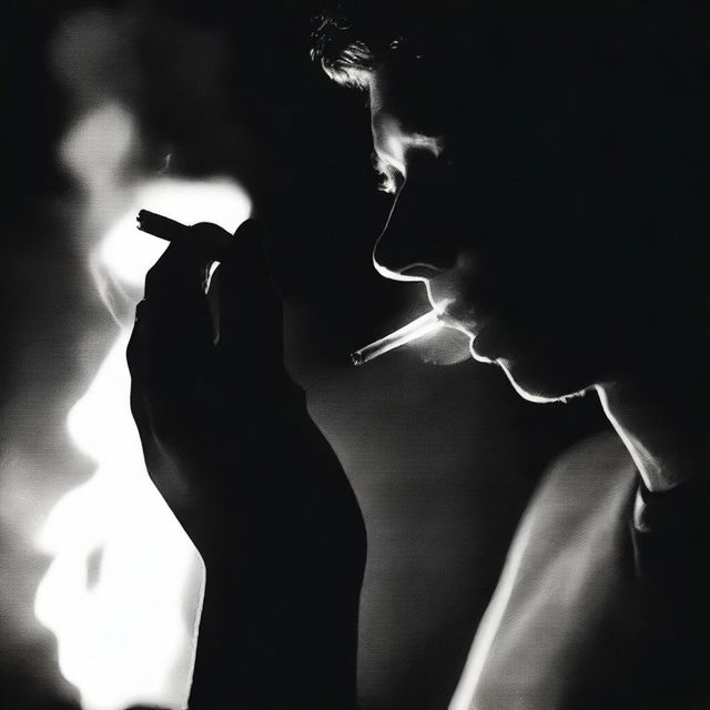 A person igniting a cigarette in focus, with the lighter's flame highlighting a lurking silhouette in the surrounding darkness behind them.