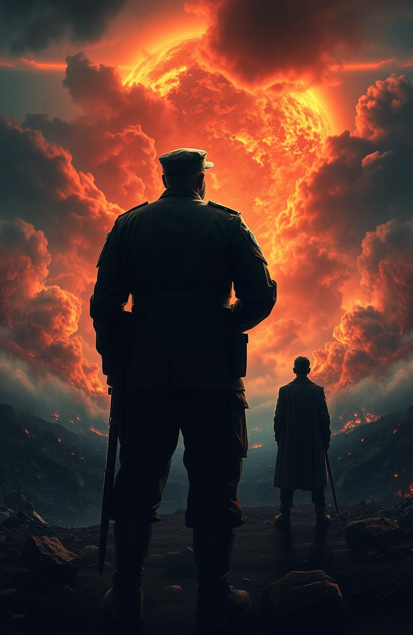 A dramatic scene depicting the end of the world, featuring a soldier in military uniform seen from behind, standing strong and resolute amidst a chaotic landscape
