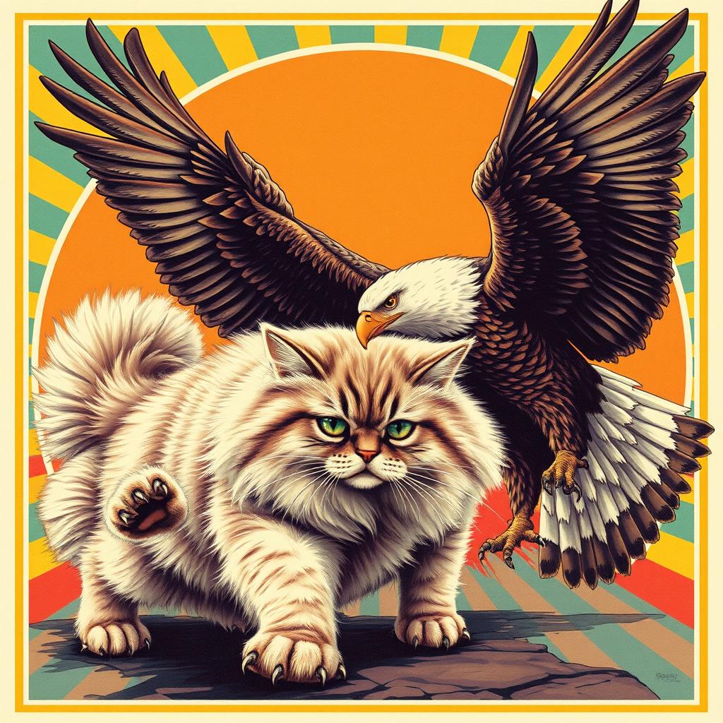A dramatic showdown between a fluffy Persian cat and a fierce eagle, captured in a vintage 70s poster style
