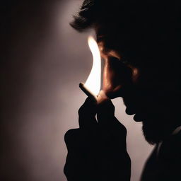 A person igniting a cigarette in focus, with the lighter's flame highlighting a lurking silhouette in the surrounding darkness behind them.