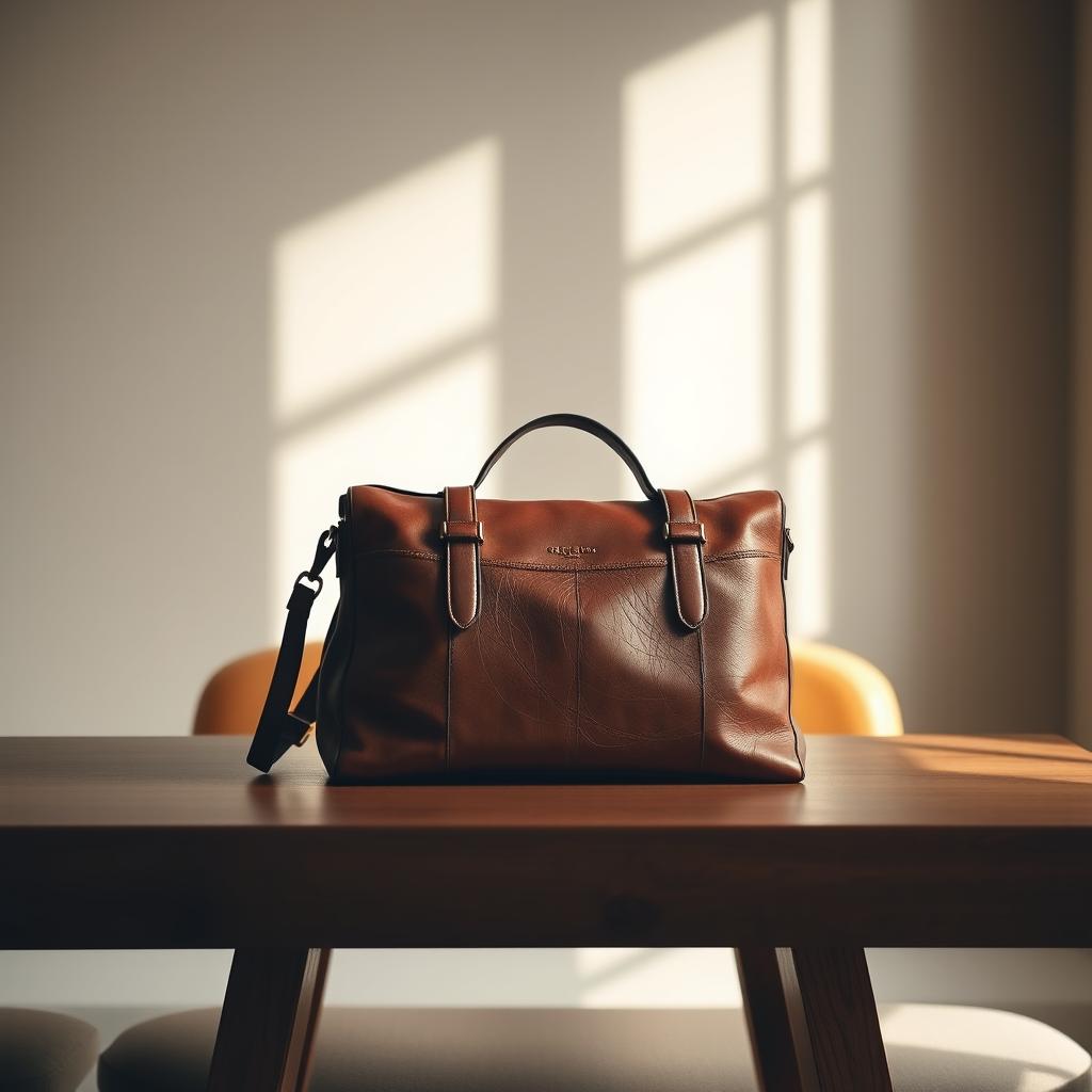 A beautiful, high-quality genuine leather bag displayed elegantly on a minimalist wooden table