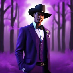 A classy cowboy avatar donned in a tuxedo, with a mystical purple forest as the background, in a perfect square (1:1) aspect ratio.