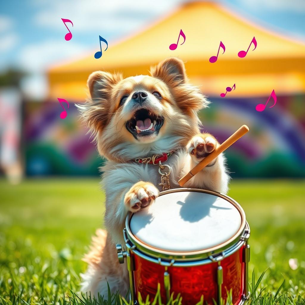 A playful dog energetically playing a drum, showing excitement and joy, with a colorful and lively background