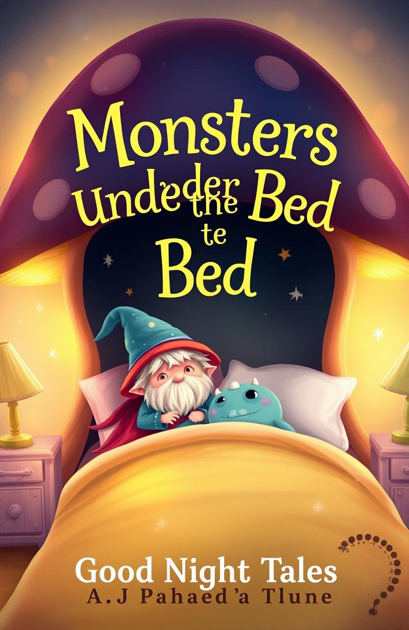 A small wizard and a small monster hiding under a bed that resembles a large mushroom