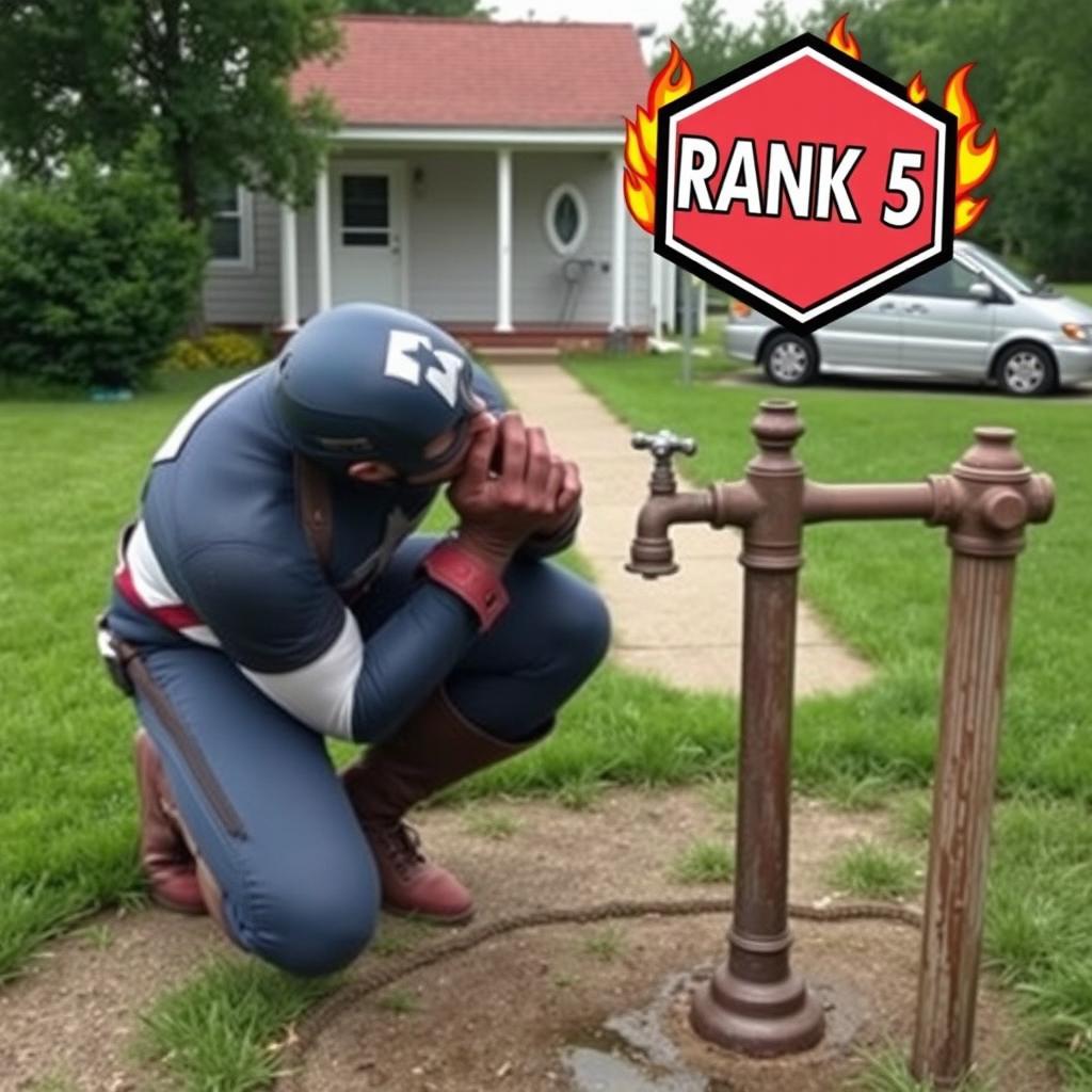 An unusual and humorous scene featuring Captain America, easily recognizable by his iconic blue helmet adorned with a white 'A' and his costume featuring a distinct star emblem