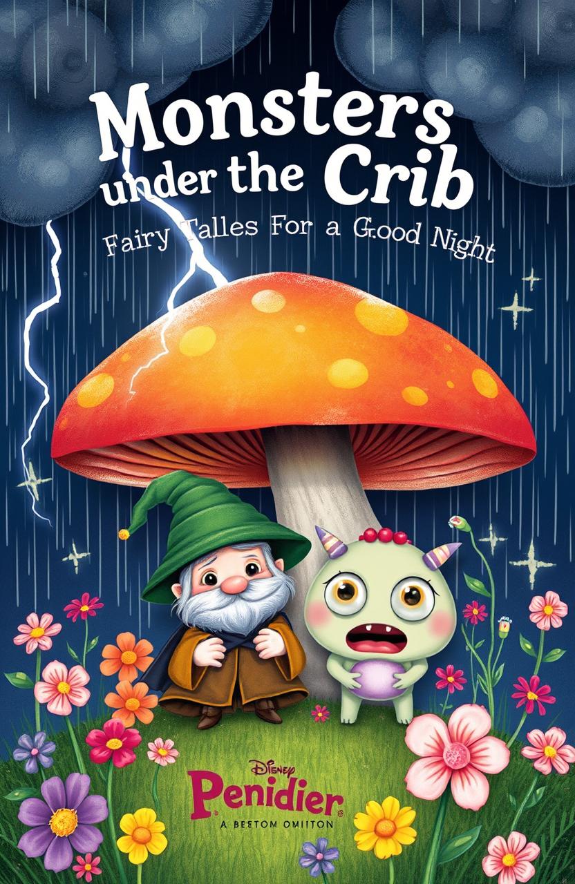 A whimsical scene featuring a small wizard and a tiny monster hiding under a large, colorful mushroom