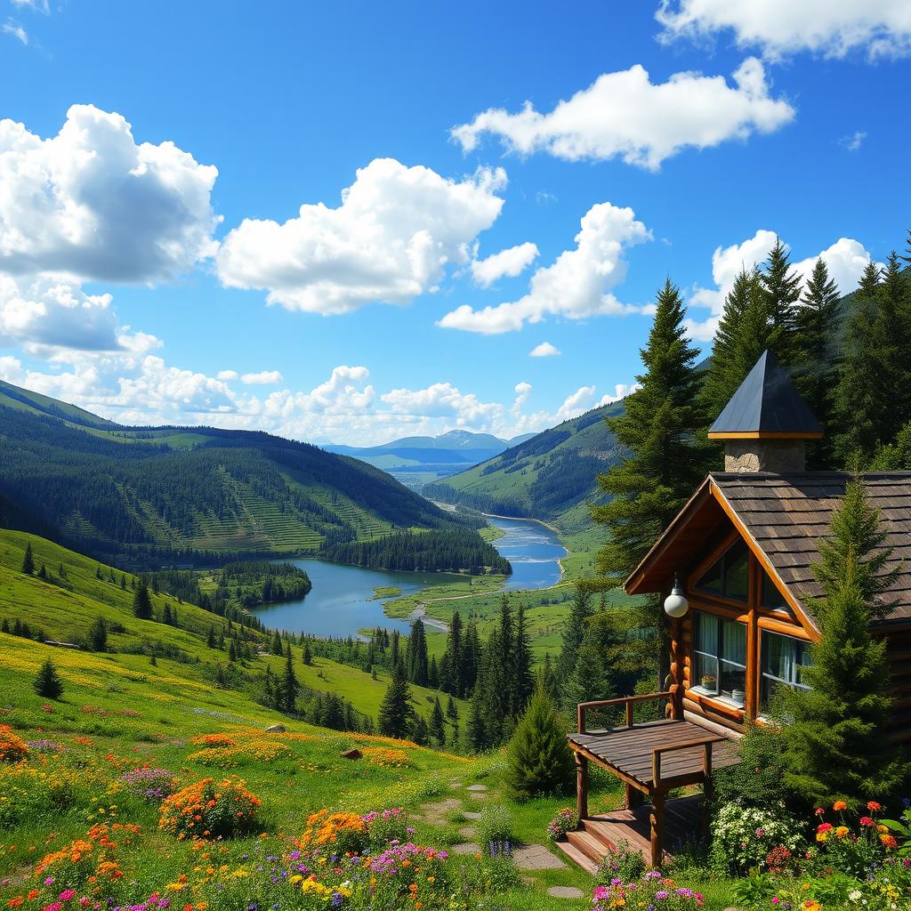 A scenic landscape depicting a lush green valley filled with vibrant wildflowers, a clear blue sky above with fluffy white clouds, and a winding river that reflects the sunlight