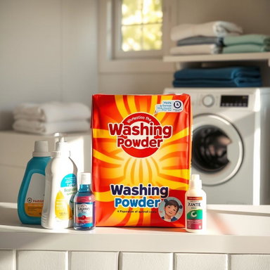 Vibrant Washing Powder Display in Bright Laundry Room | Idyllic