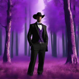 A classy cowboy avatar donned in a tuxedo, with a mystical purple forest as the background, in a perfect square (1:1) aspect ratio.