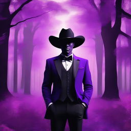 A classy cowboy avatar donned in a tuxedo, with a mystical purple forest as the background, in a perfect square (1:1) aspect ratio.