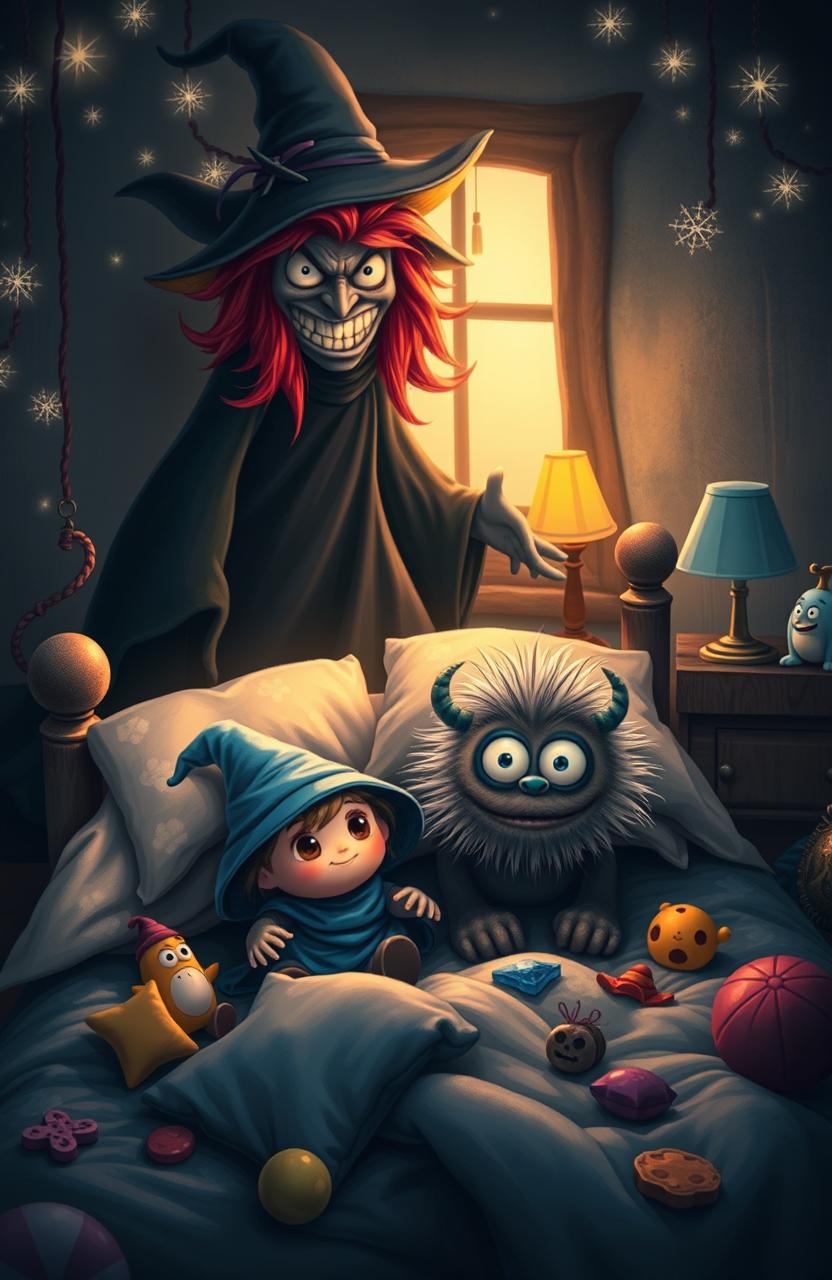 A whimsical scene featuring a small wizard and a cute little monster hiding under a bed, filled with colorful toys and magical artifacts