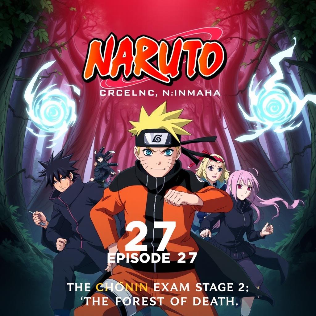 A vibrant and action-packed poster for Episode 27 of Naruto, titled "The Chūnin Exam Stage 2: The Forest of Death