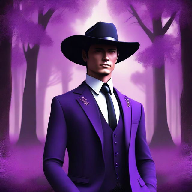 A classy cowboy avatar donned in a tuxedo, with a mystical purple forest as the background, in a perfect square (1:1) aspect ratio.