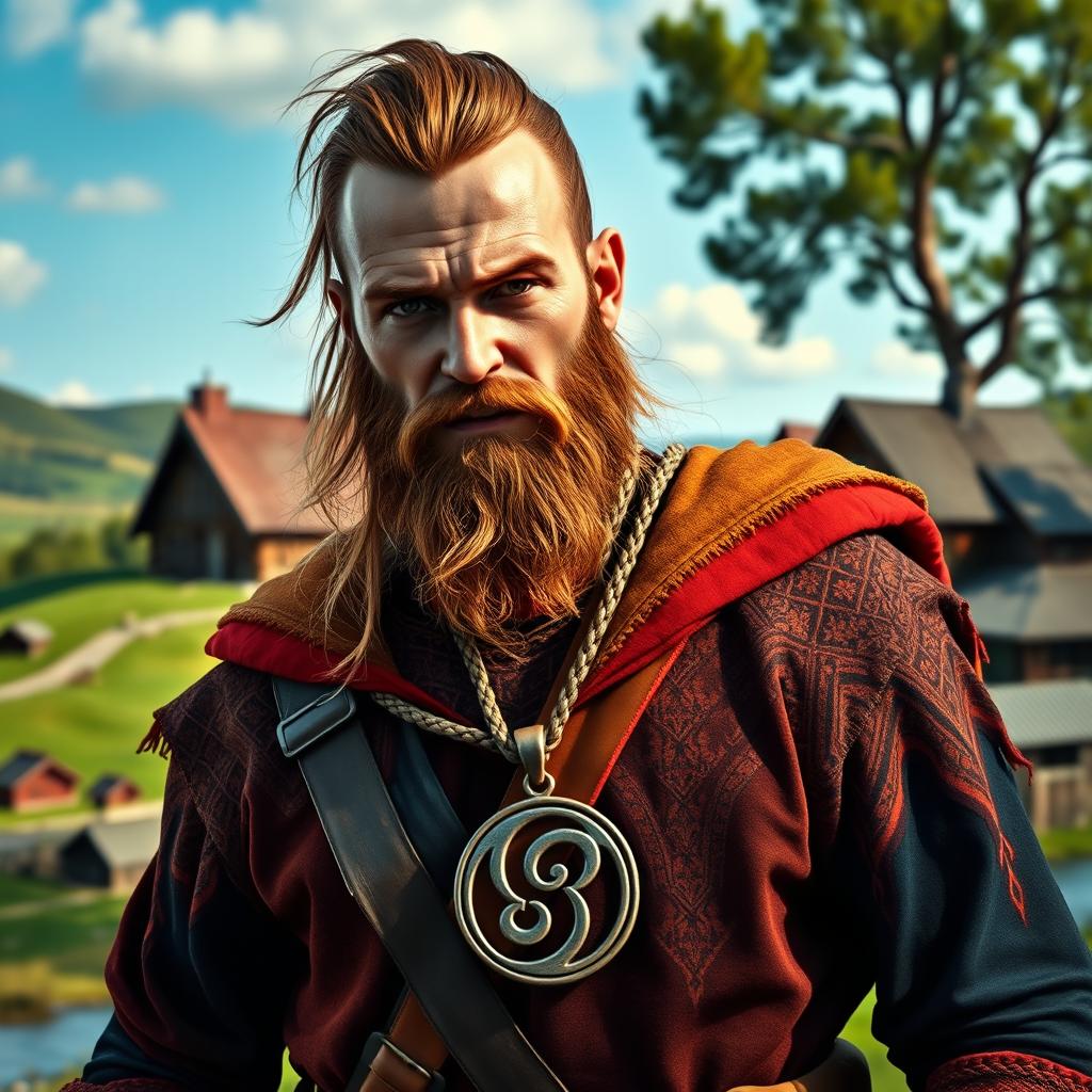 A solo portrait of a Viking warrior named Madrash, featuring vibrant clothing in rich colors, adorned with intricate patterns