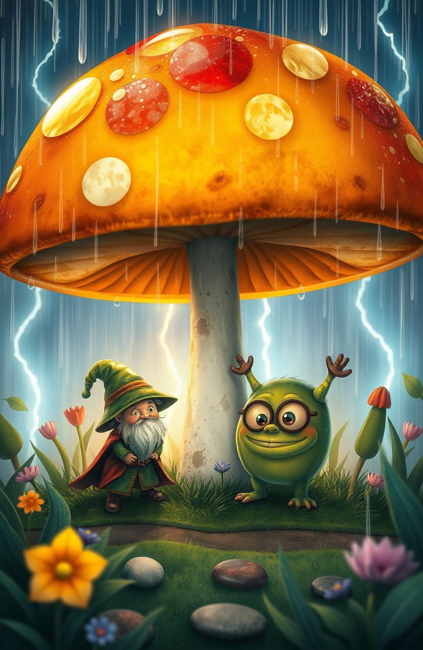 A whimsical scene featuring a small wizard and a tiny monster taking shelter under the large, colorful umbrella of a giant mushroom